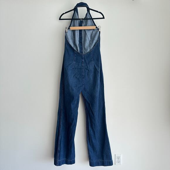 Free People Denim Jumpsuit 8 Blue Flared Halter One Piece Low Back 70s Retro - Picture 8 of 11